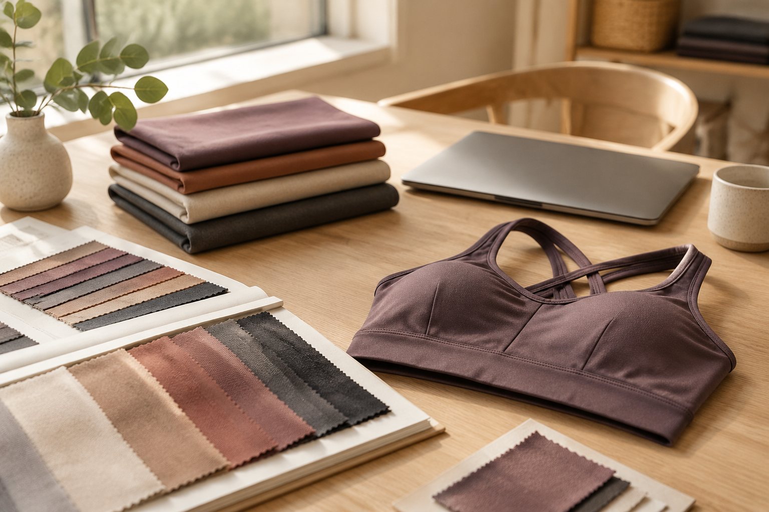 Illustration: a quiet office desk with fabric swatches, a laptop and a notebook of sample comments