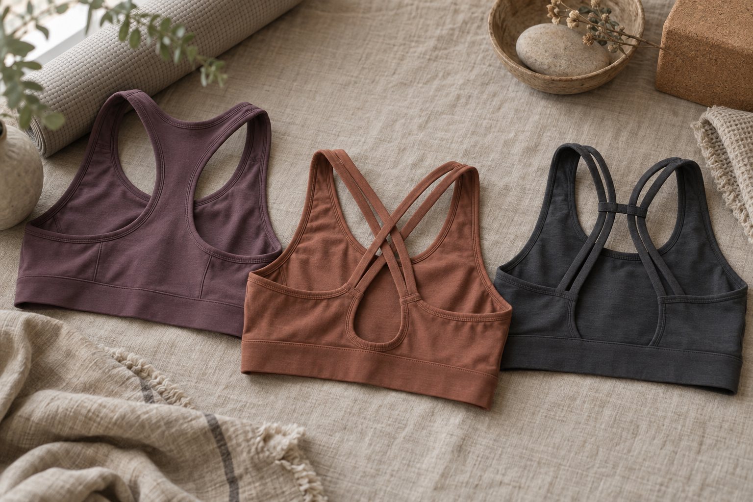 Three yoga sports bras laid flat with removable cup pads beside them on a linen surface