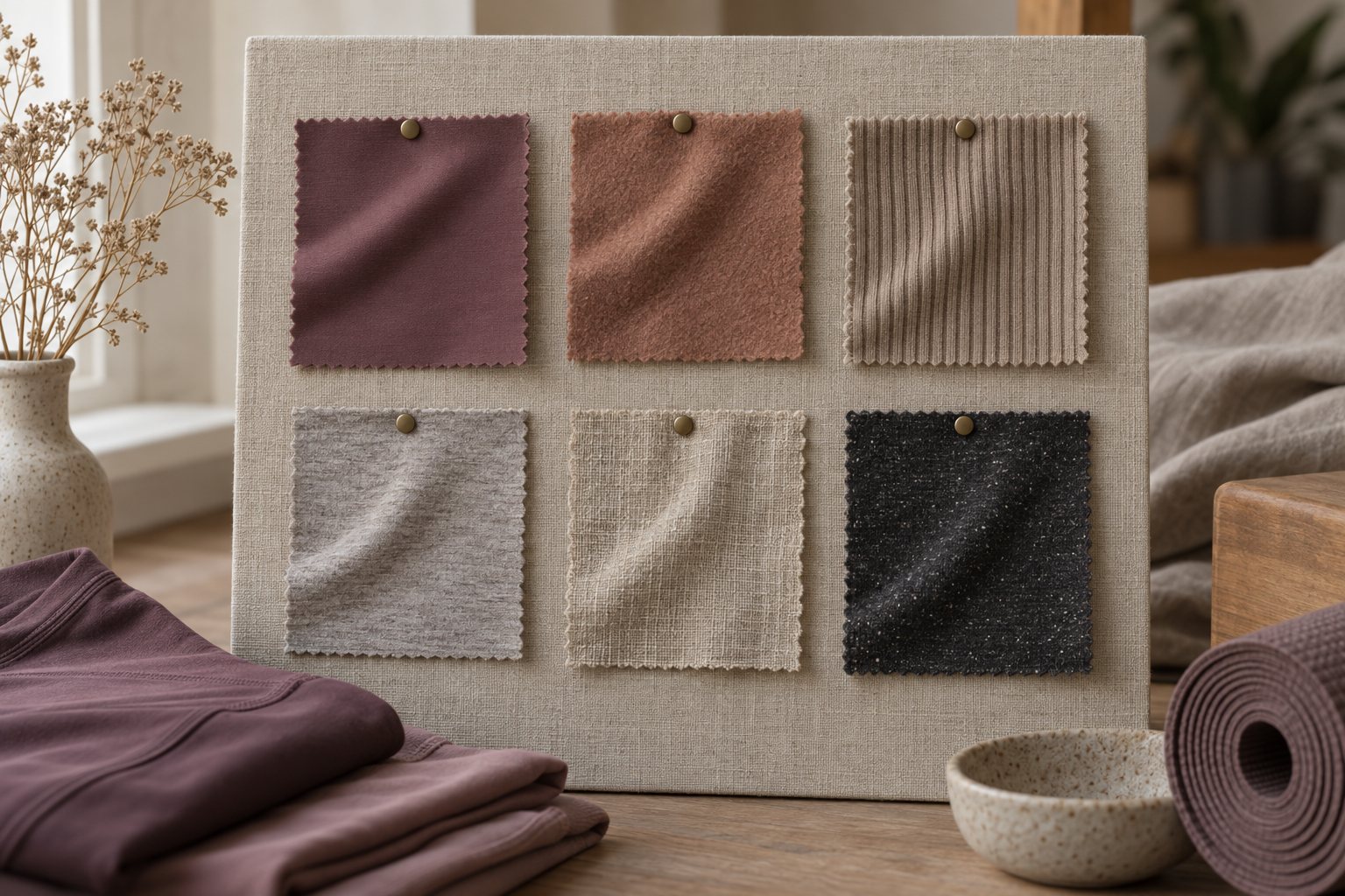 Six labelled knit and woven fabric swatches pinned side by side on a board for comparison