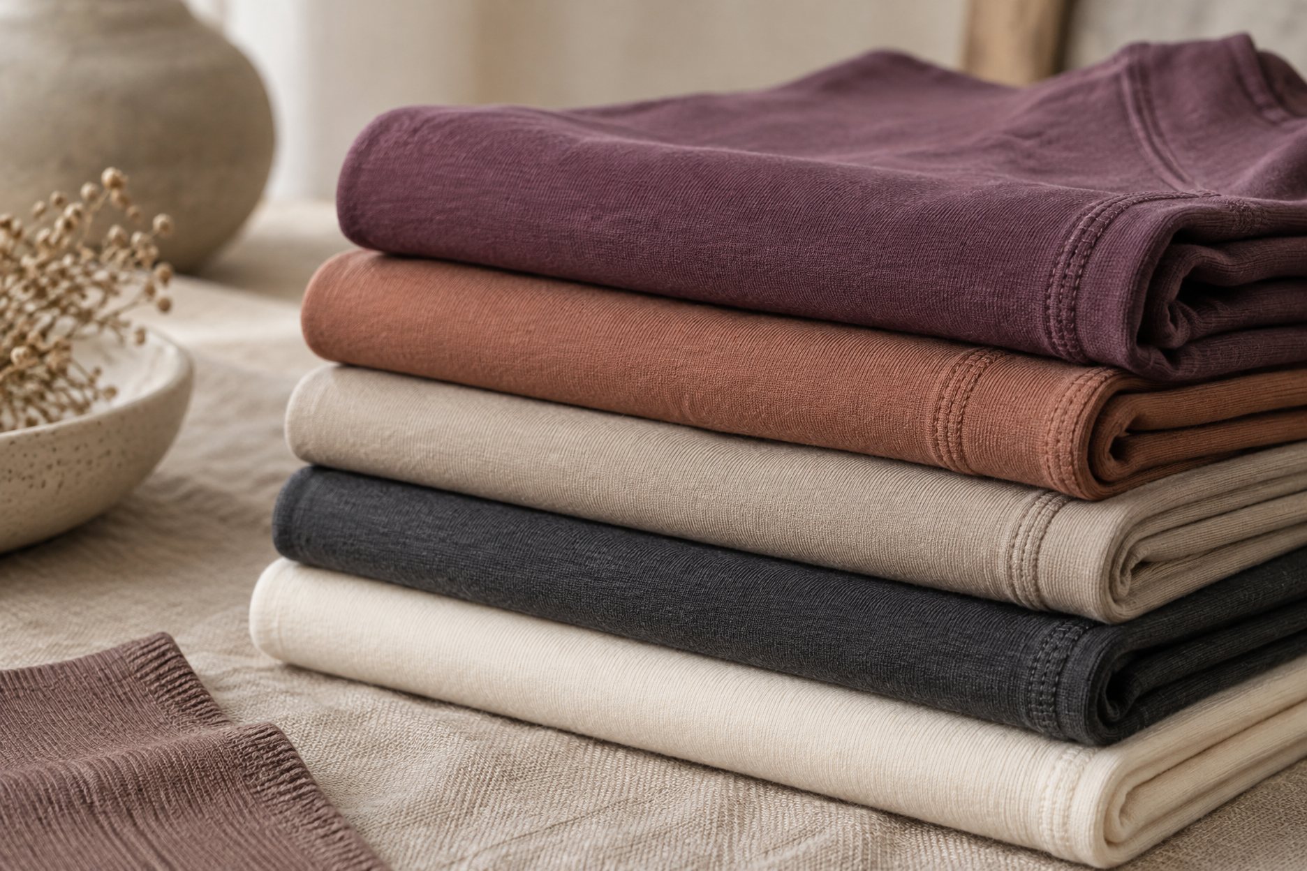 Fabric swatches of nylon spandex, brushed knit, ribbed seamless and linen arranged in rows