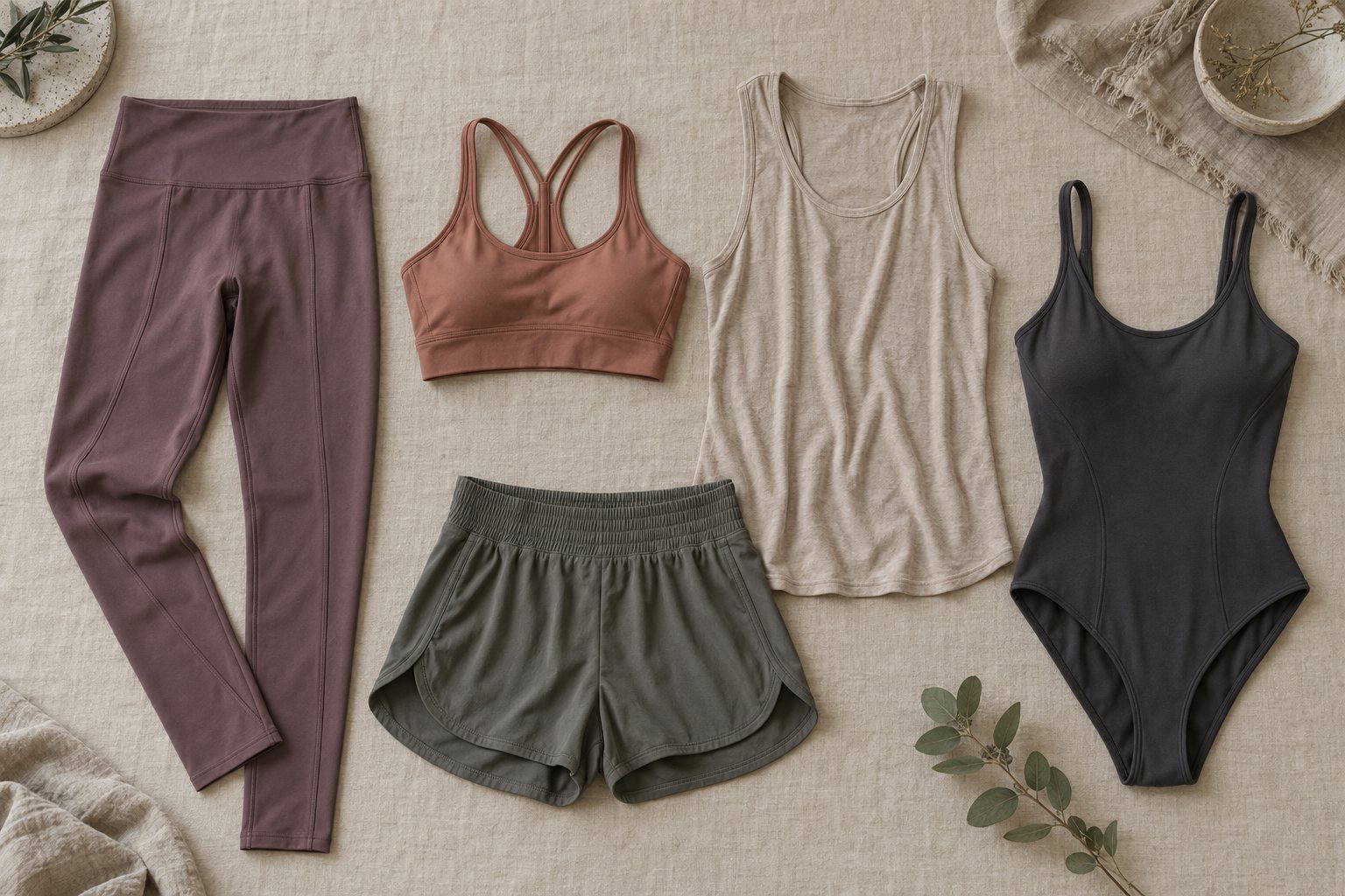 Flat lay of folded yoga leggings, sports bras, shorts and tops in muted colors on a pale cutting table