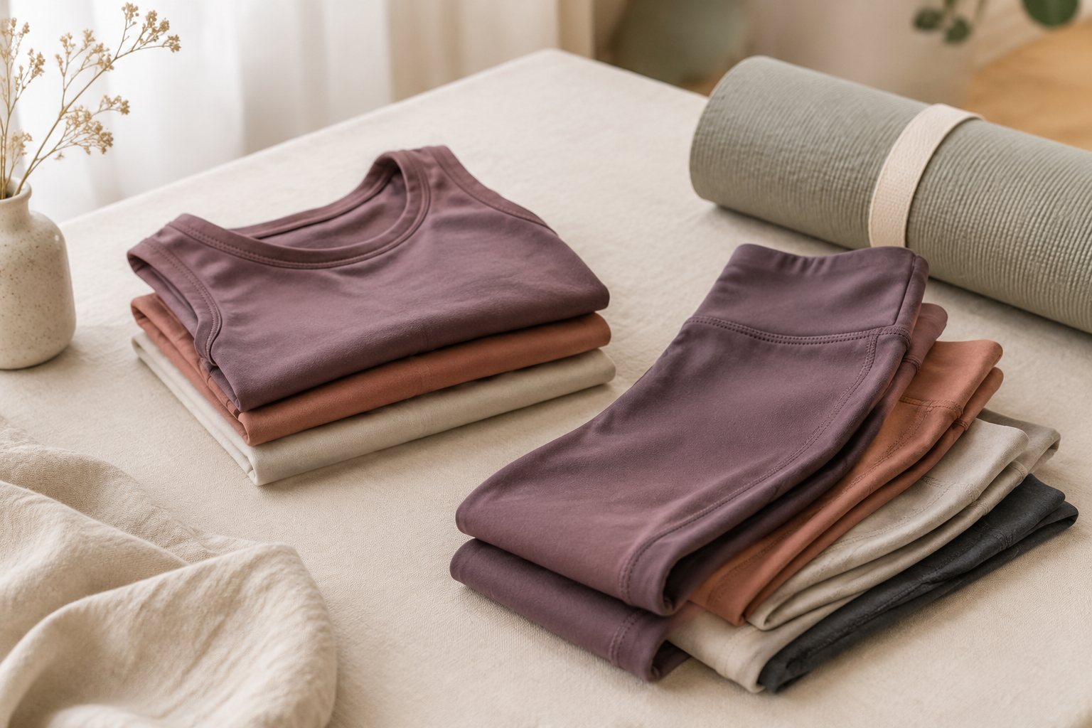 Small children's yoga leggings and soft tops folded in bright colors on a light wooden surface