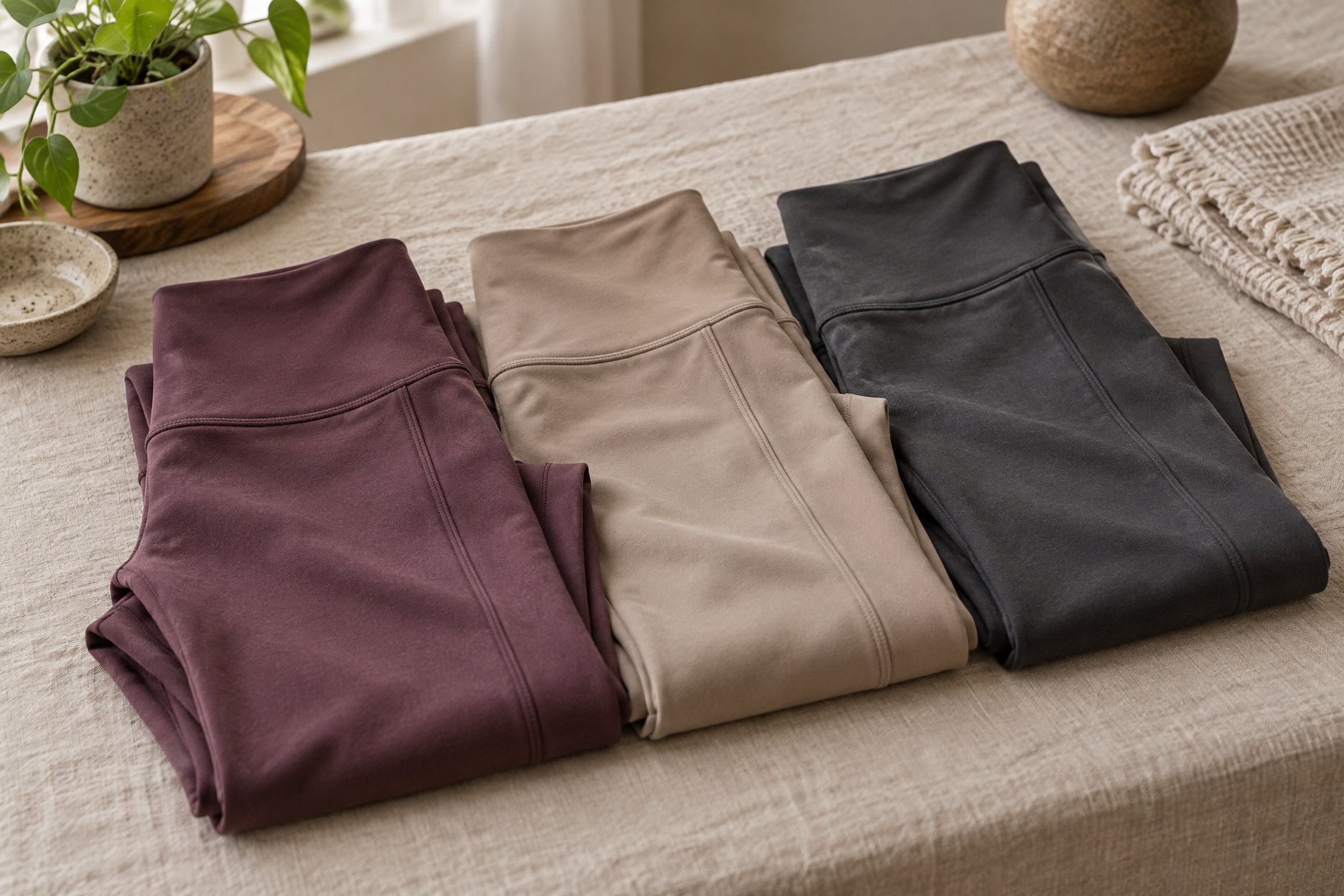 Folded yoga leggings in three colors stacked on a cutting table beside a tape measure