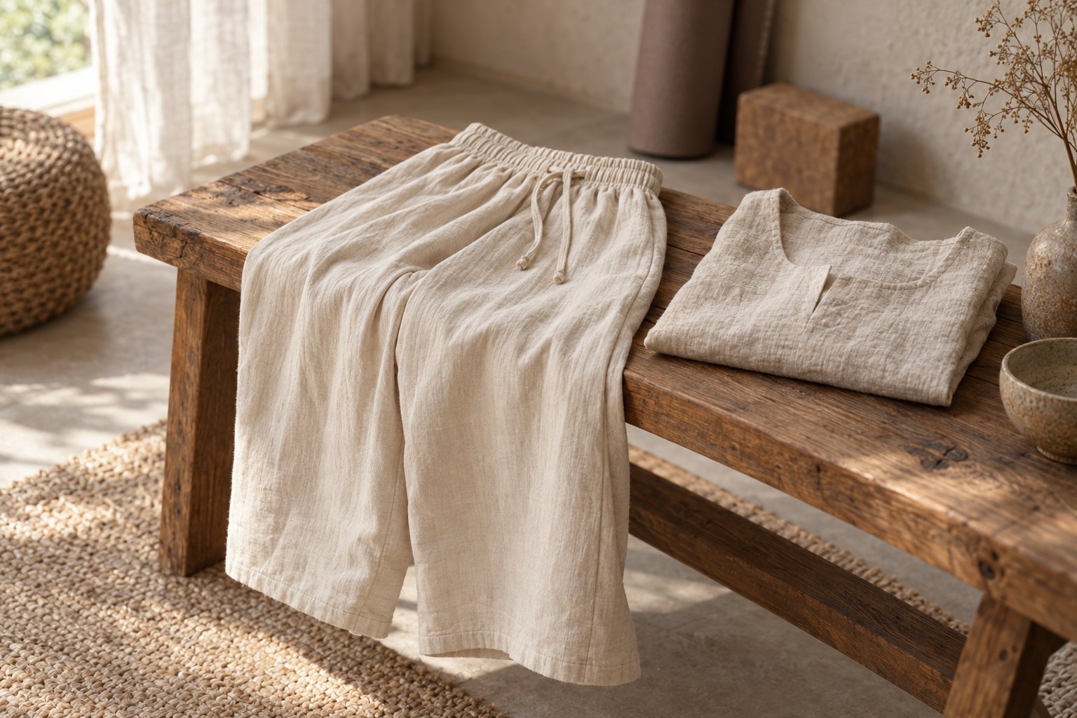 Loose white linen wide-leg pants and a cream cotton top folded on a meditation cushion