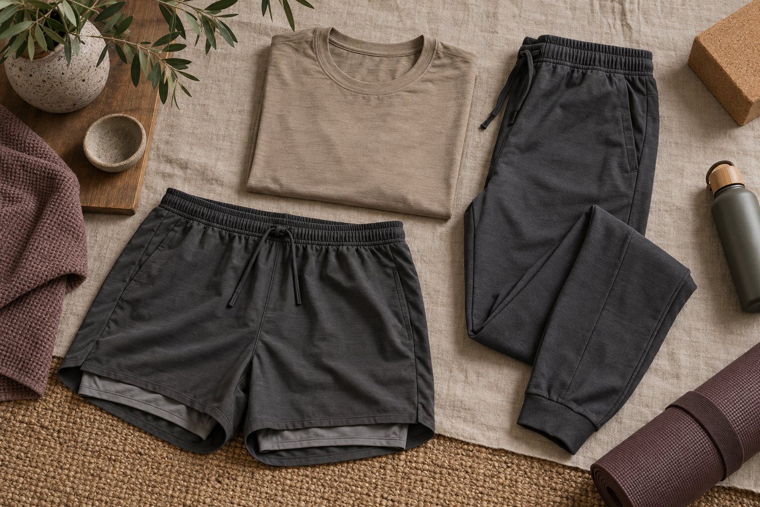 Men's lined yoga shorts, tapered joggers and a fitted tee folded in charcoal and olive on a table