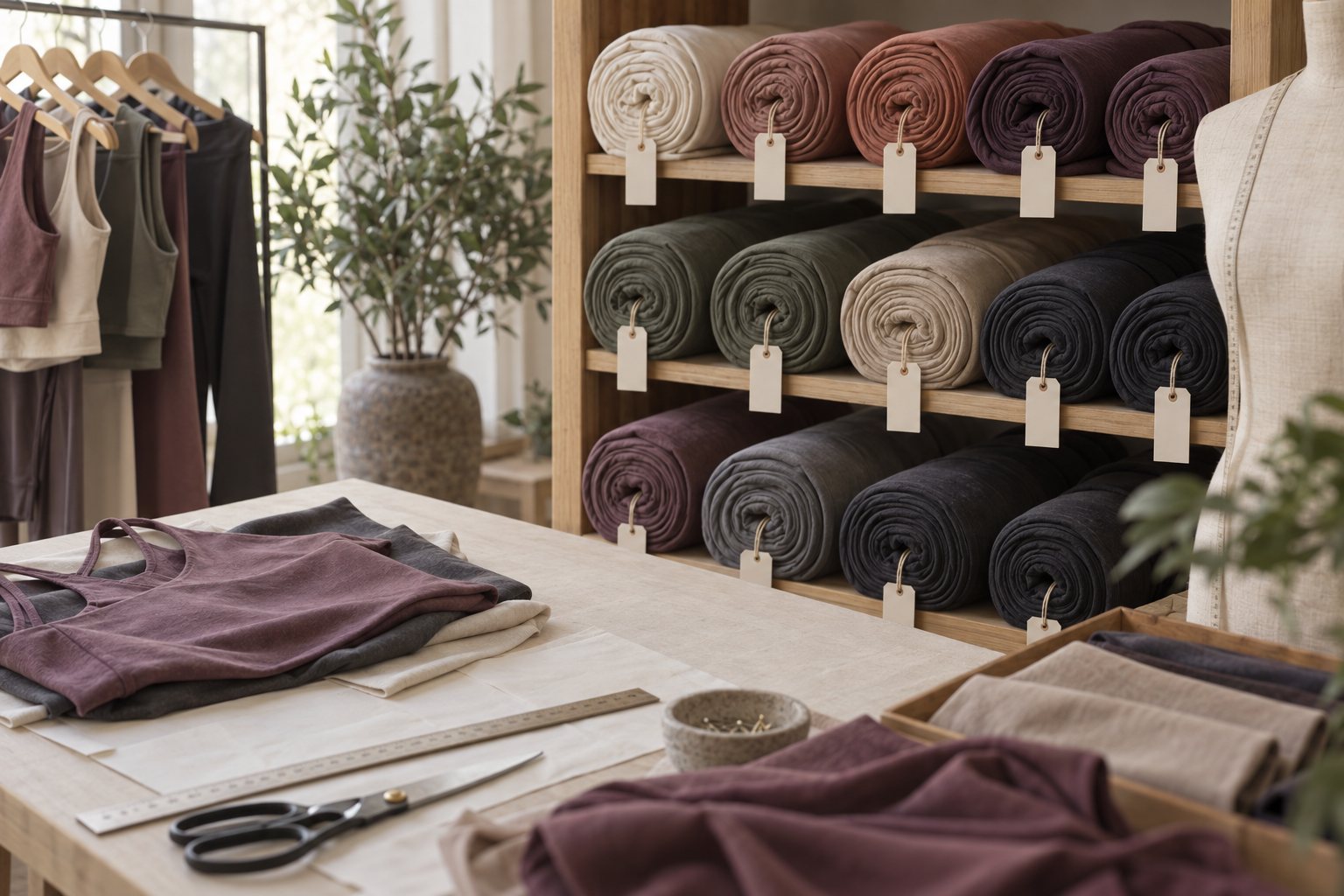 Illustration: fabric rolls labelled by color waiting beside a cutting table