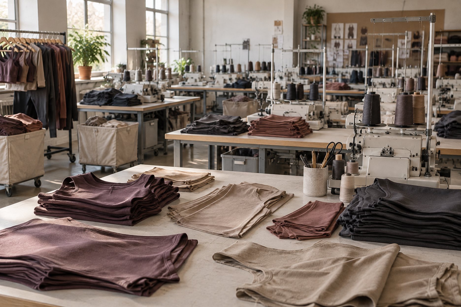 Illustration: seamless circular knitting machines beside a cut and sew workshop with flatlock stations