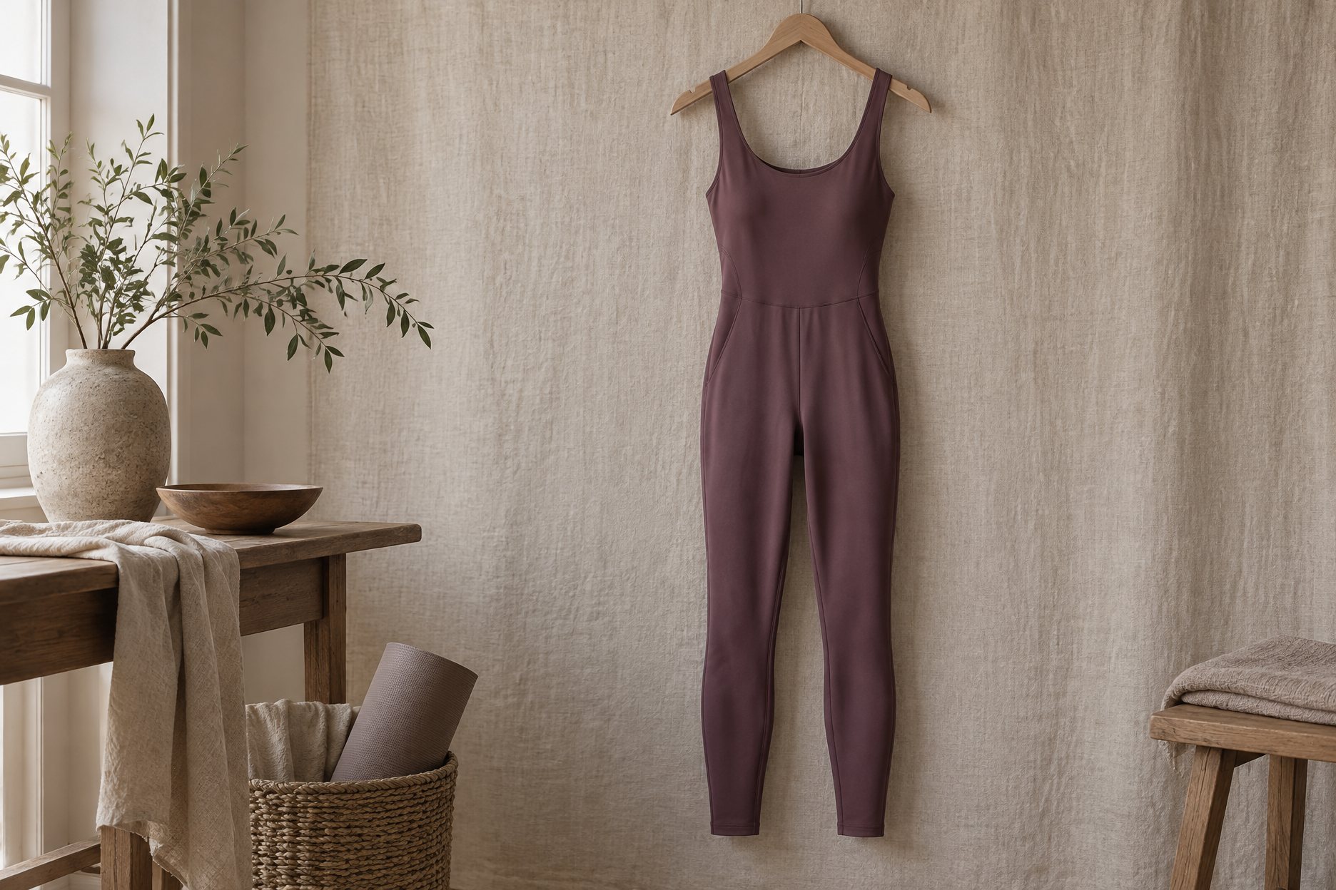 Black one piece yoga jumpsuit with a scoop back laid flat beside a folded short unitard