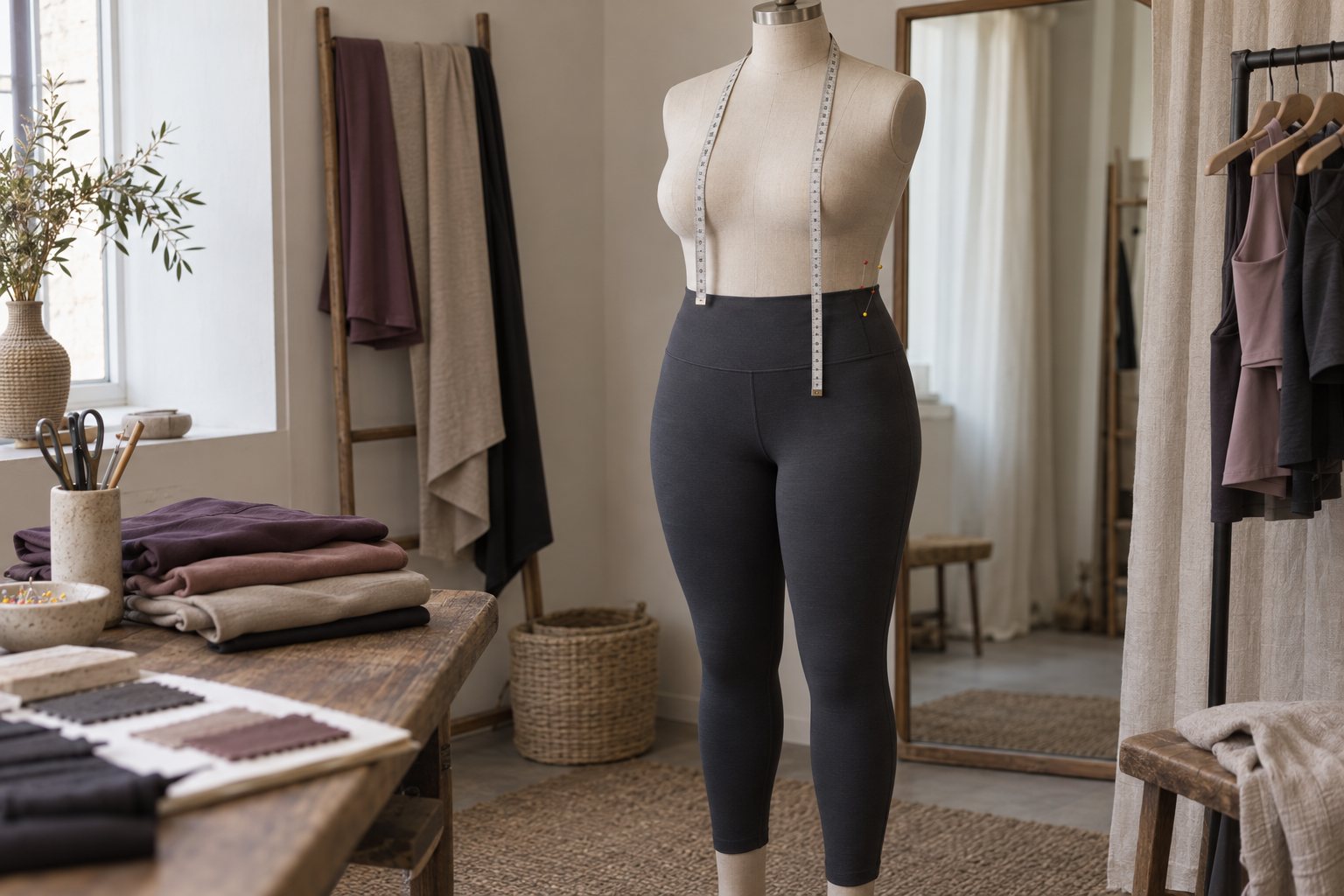 Plus size high-rise yoga leggings and a supportive sports bra folded in deep plum on a table