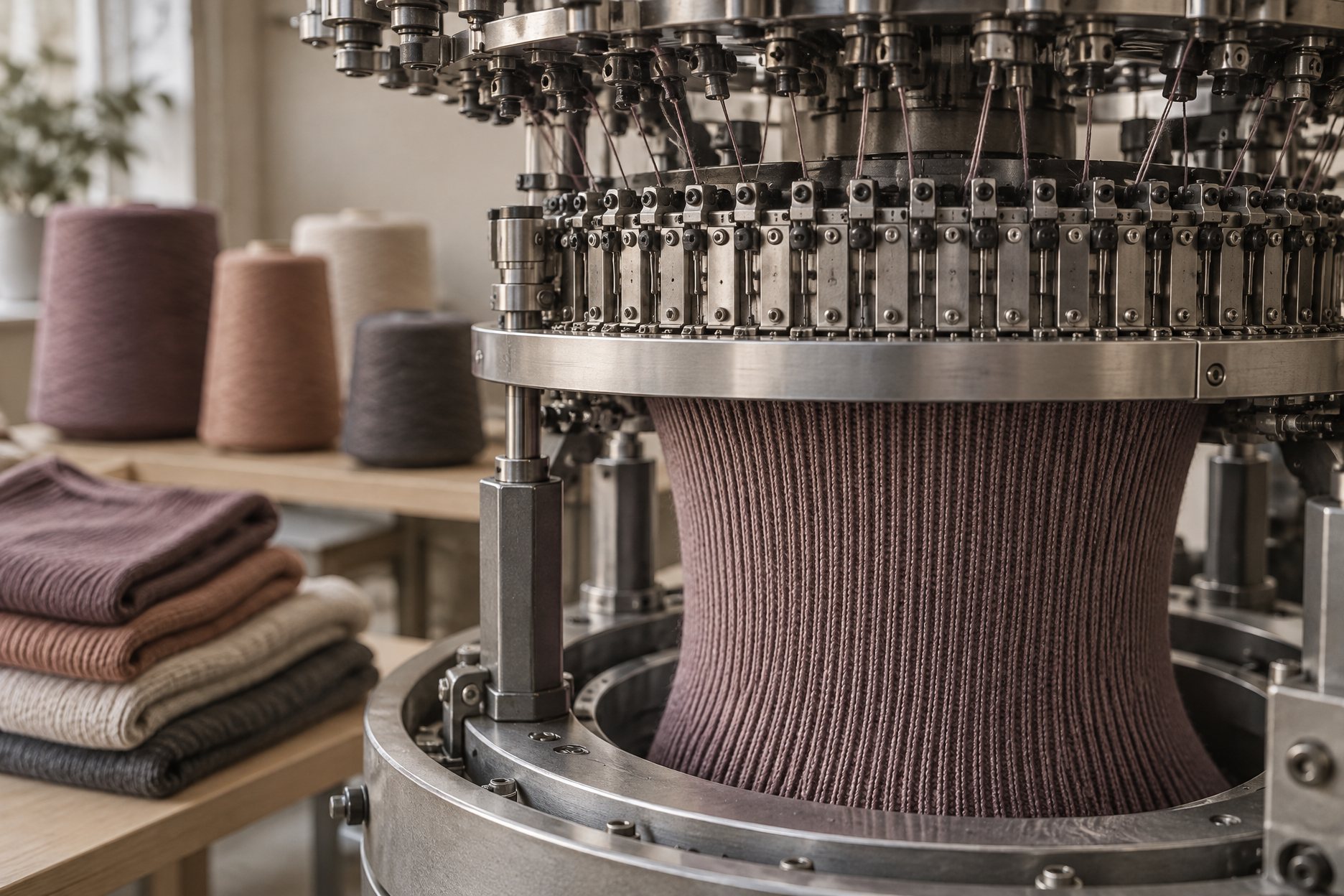 Illustration: rows of electronic circular seamless knitting machines producing ribbed tubes in a knitting workshop