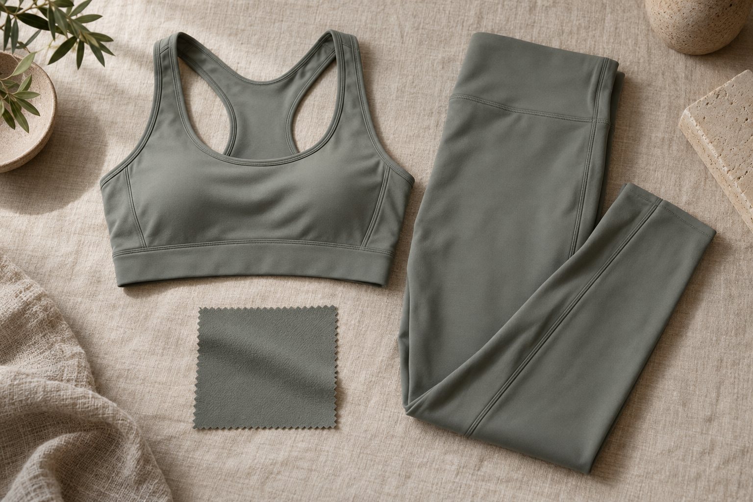 Matching ribbed yoga bra and leggings set folded together in sage green on a white surface