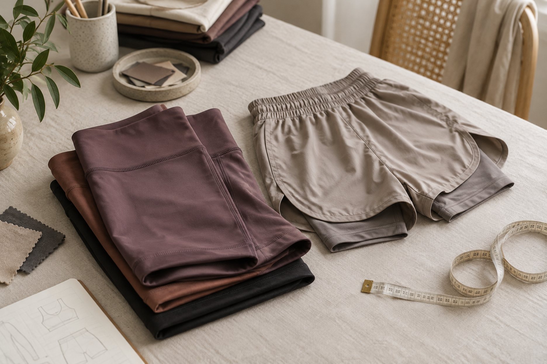 Fitted bike shorts and a lined loose yoga short folded side by side in navy and stone colors
