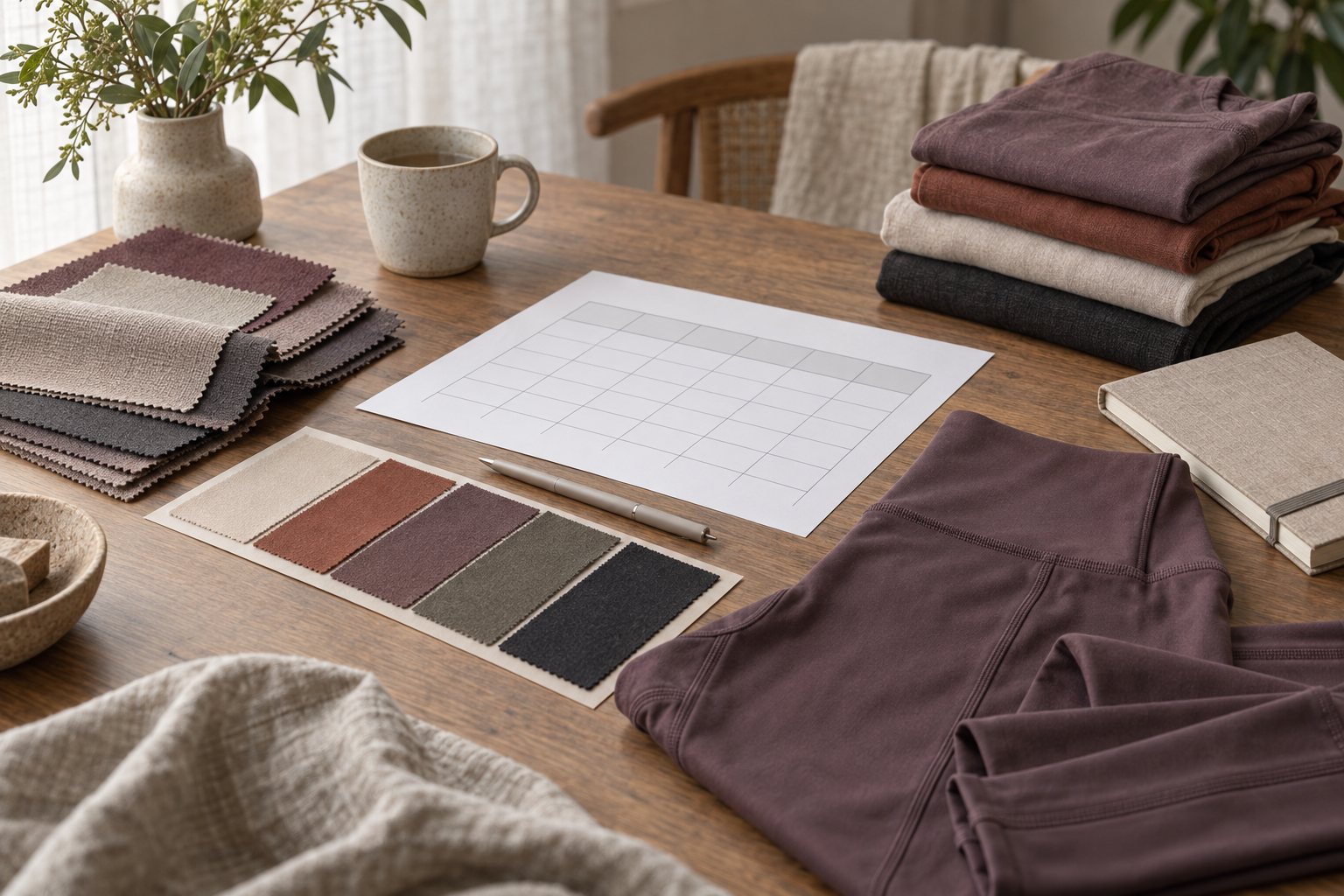 Illustration: a desk with a printed size chart, care label proofs and an inspection report beside folded leggings