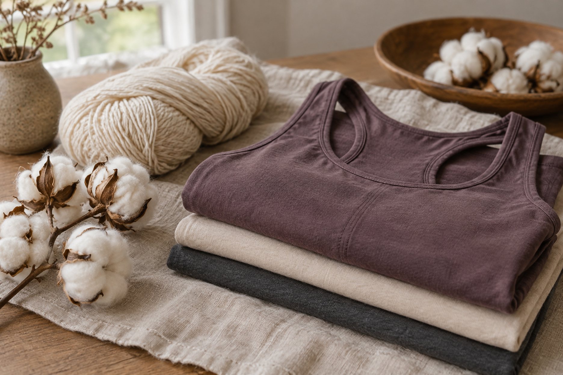 Folded organic cotton and recycled knit yoga garments in muted earth tones stacked beside fabric swatch cards