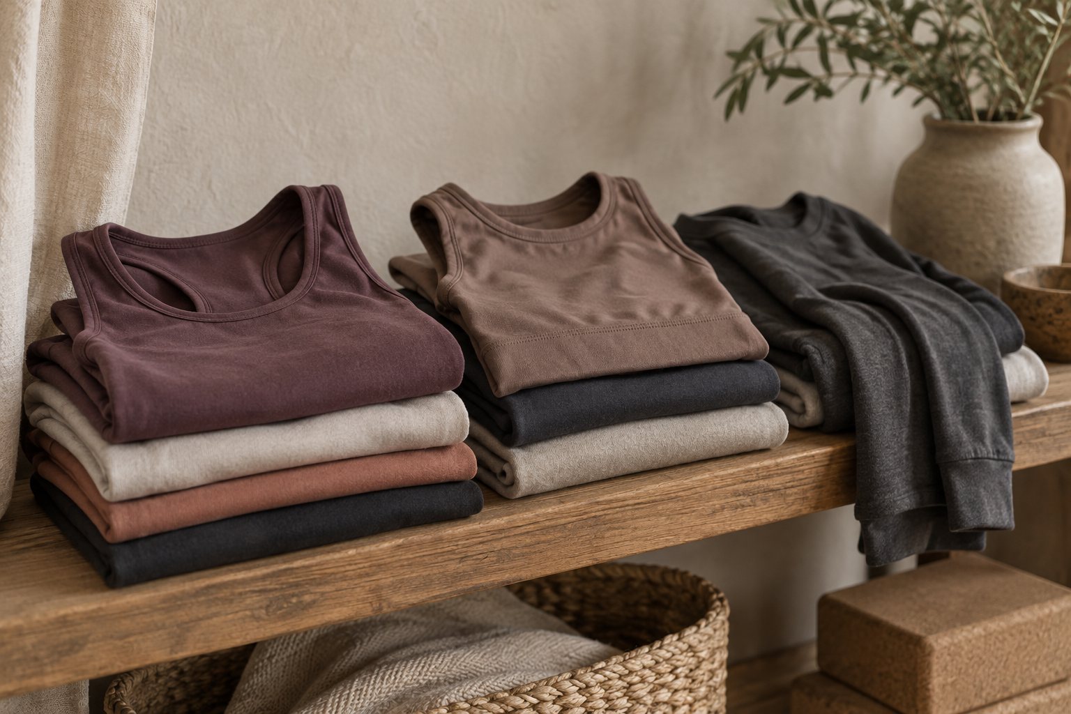 Folded yoga tank tops, a crop top and a long sleeve top in soft neutral colors on a wooden table