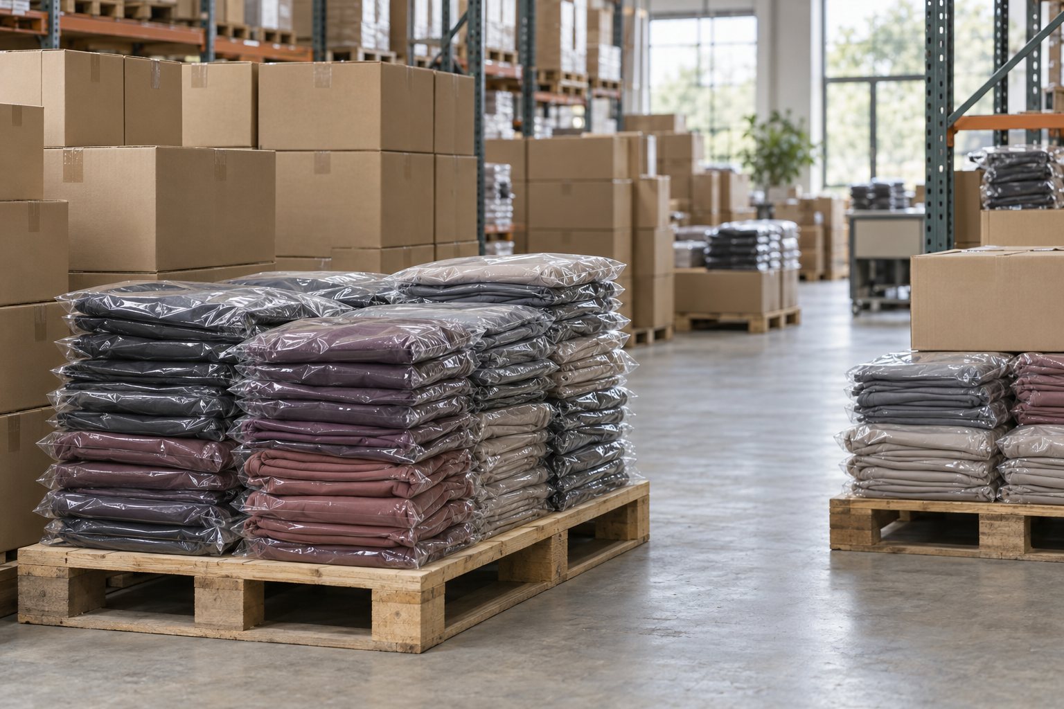 Illustration: packed cartons of folded yoga leggings and bras with size stickers on a warehouse packing table