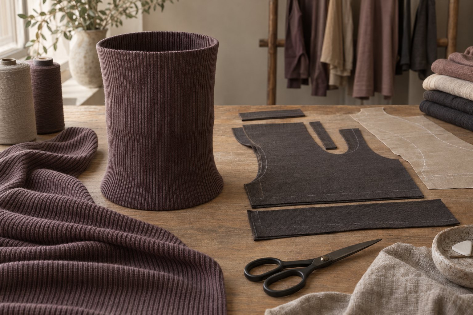Illustration: seamless knitted fabric tube beside cut fabric panels on a cutting table